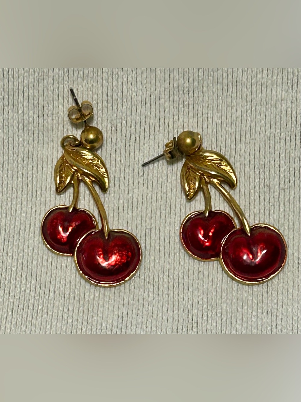 Gold Cherry Drop Earrings - Red Enamel Vintage Retro Pinup Rockabilly